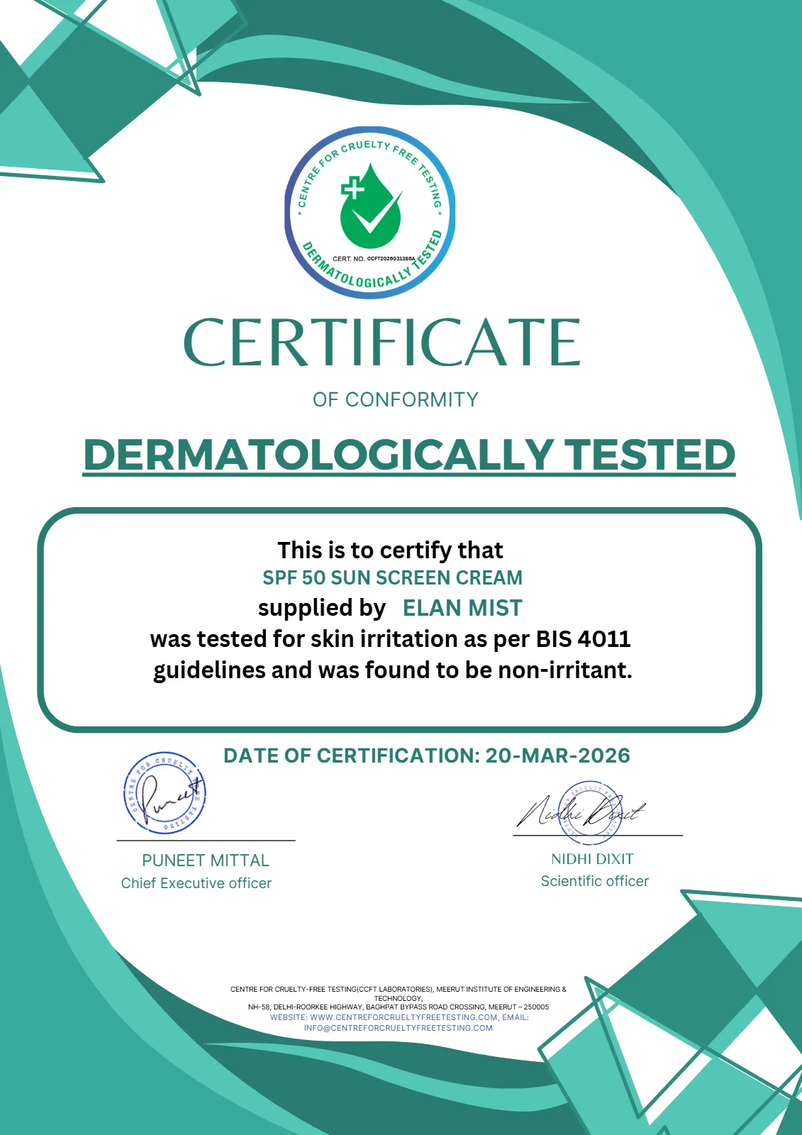 Dermatologically tested certificate for Elanmist SPF 50 sunscreen: non-irritant under BIS 4011, CCFT Laboratories, 20 March 2026