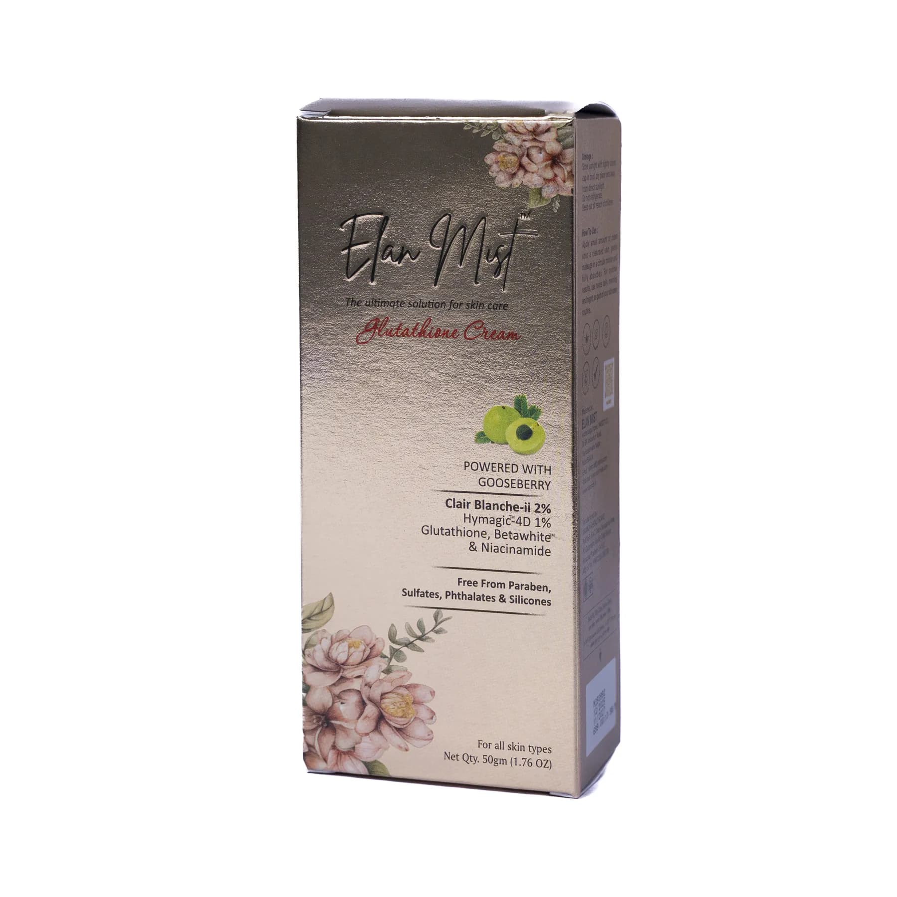 Elanmist Glutathione Cream carton with gold floral design