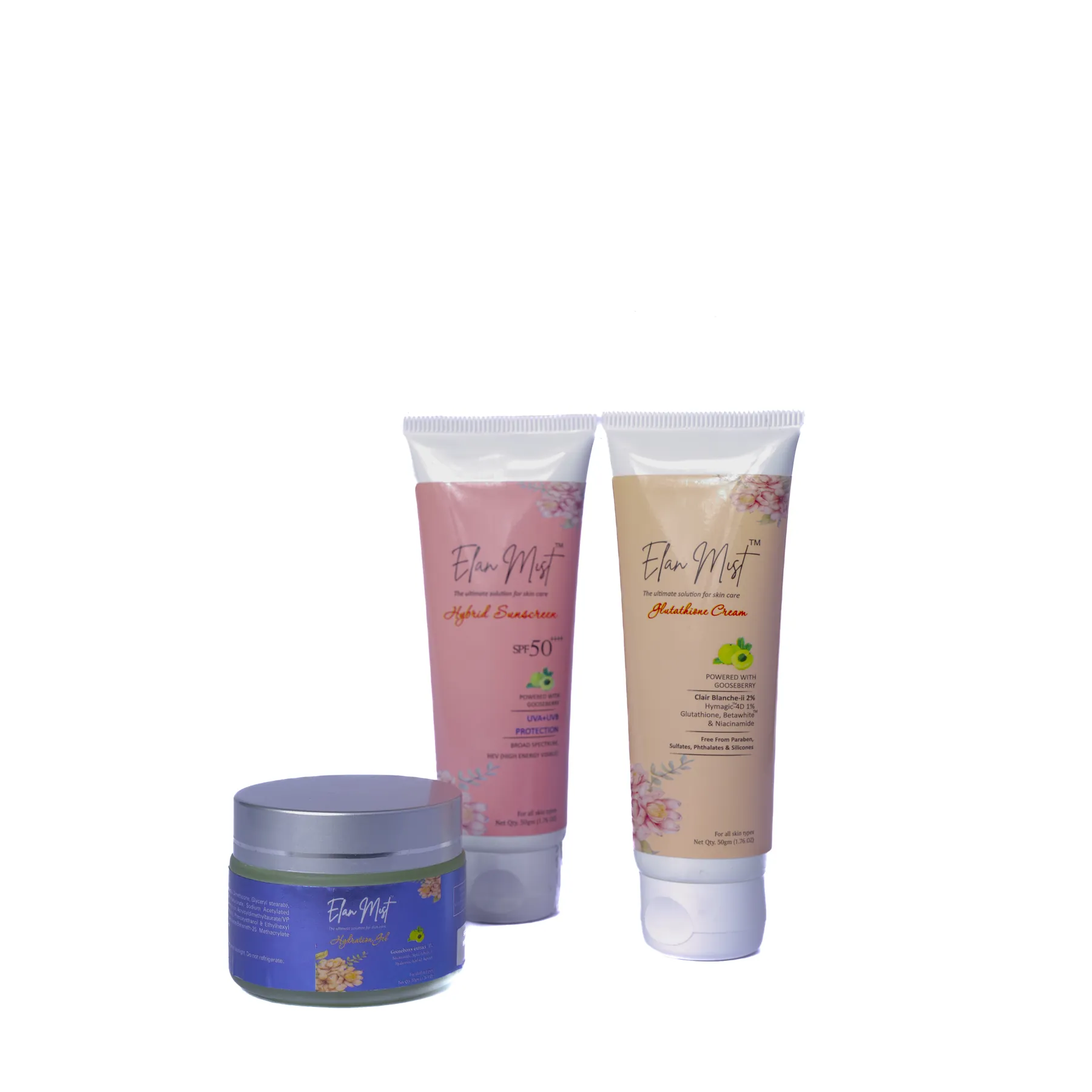 Elanmist Hybrid Sunscreen, Glutathione Cream and HydroBoost Gel grouped together