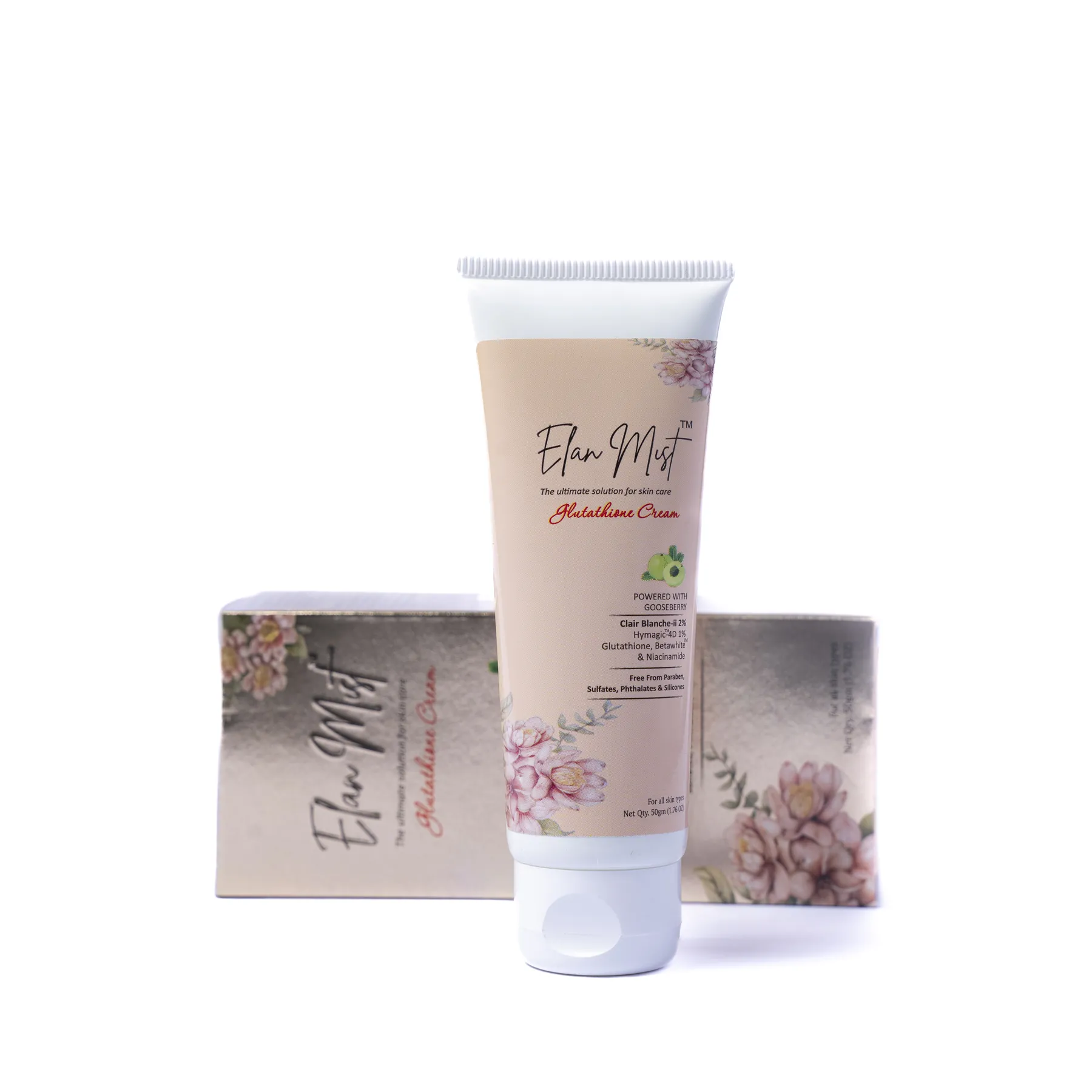 Elanmist Glutathione Cream tube in front of its carton
