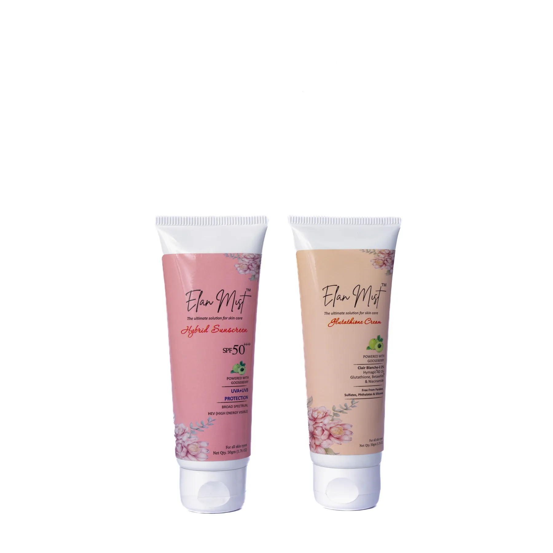 Elanmist Hybrid Sunscreen and Glutathione Cream tubes side by side