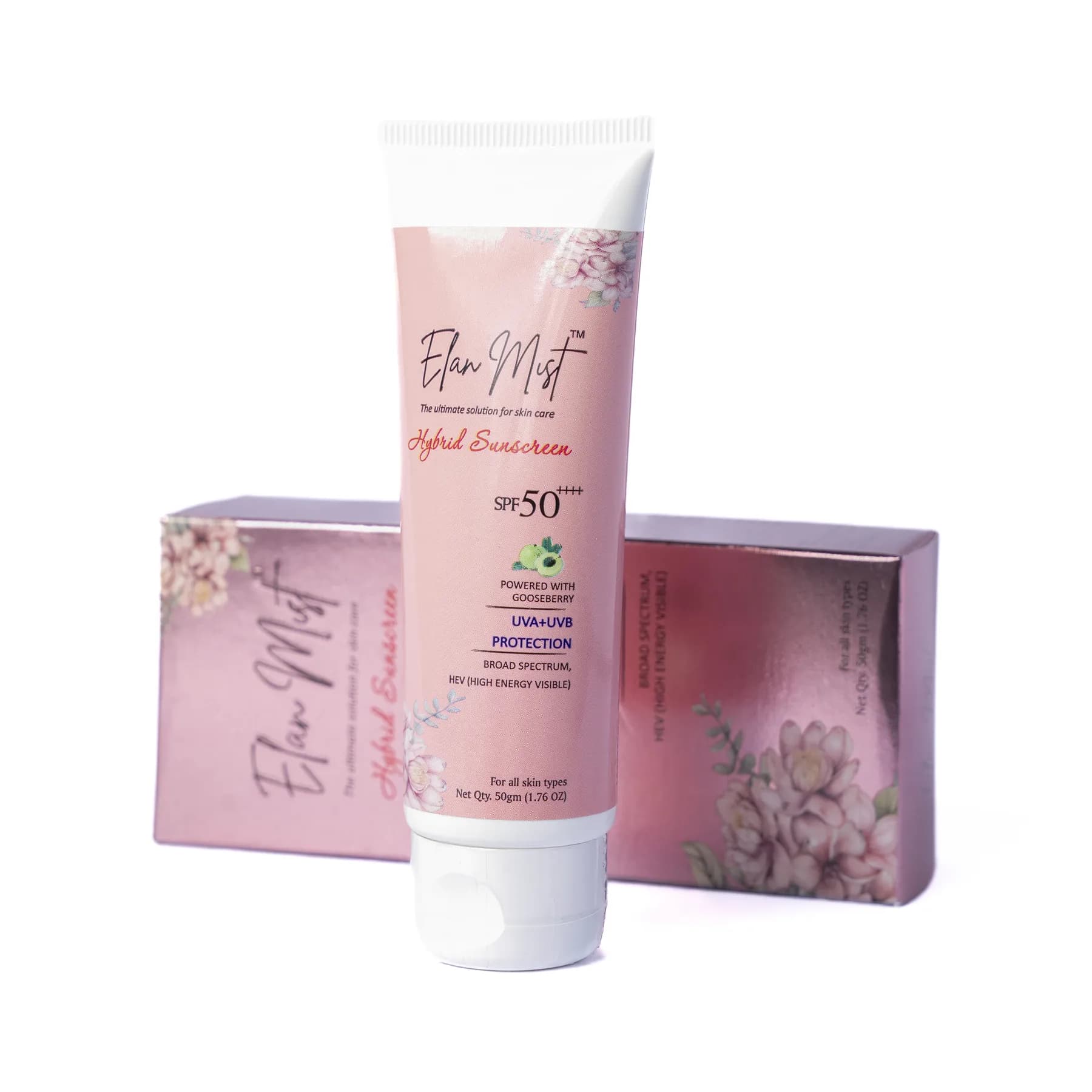 Elanmist Hybrid Sunscreen tube in front of its pink carton