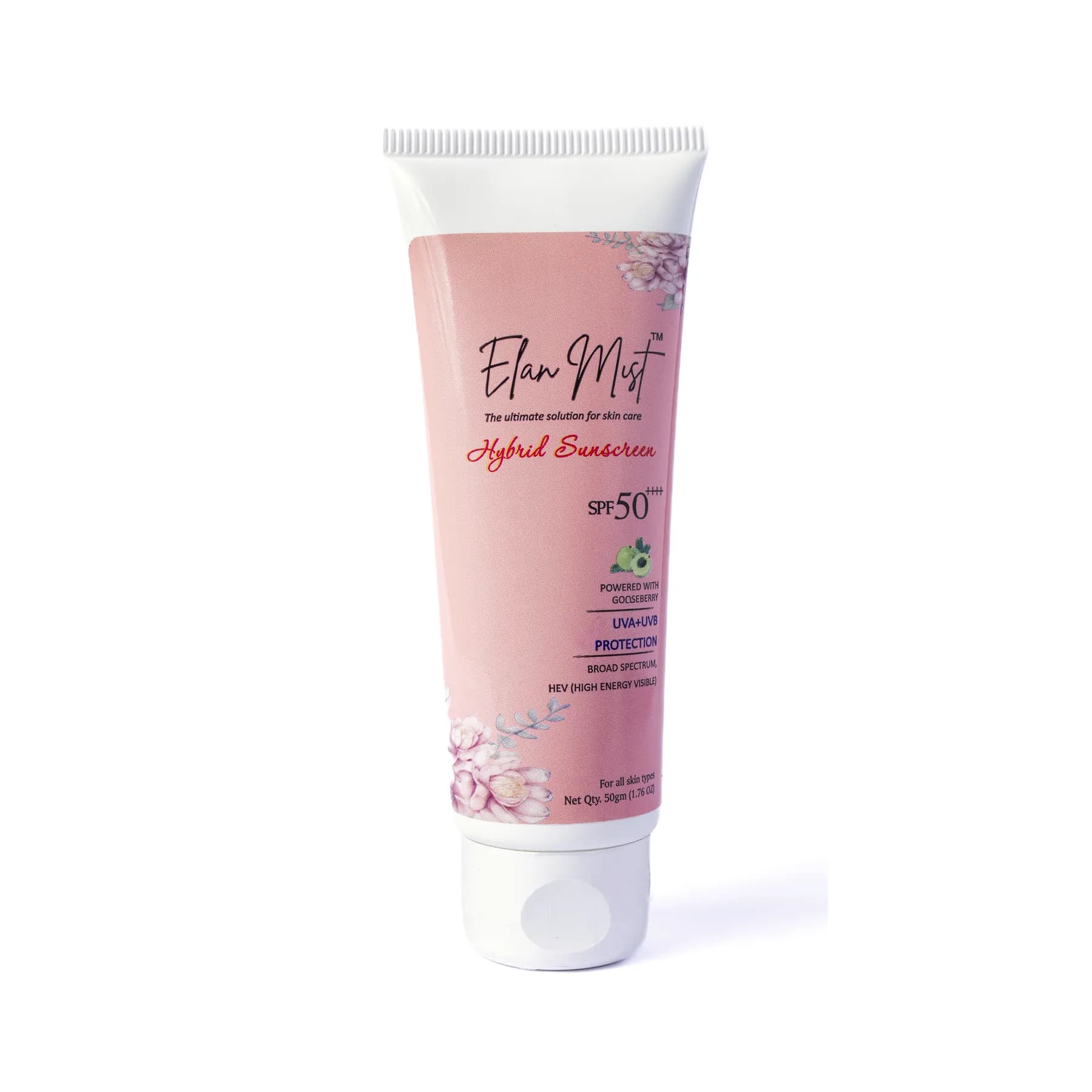 Front of the Elanmist Hybrid Sunscreen tube showing SPF 50 and UVA + UVB protection