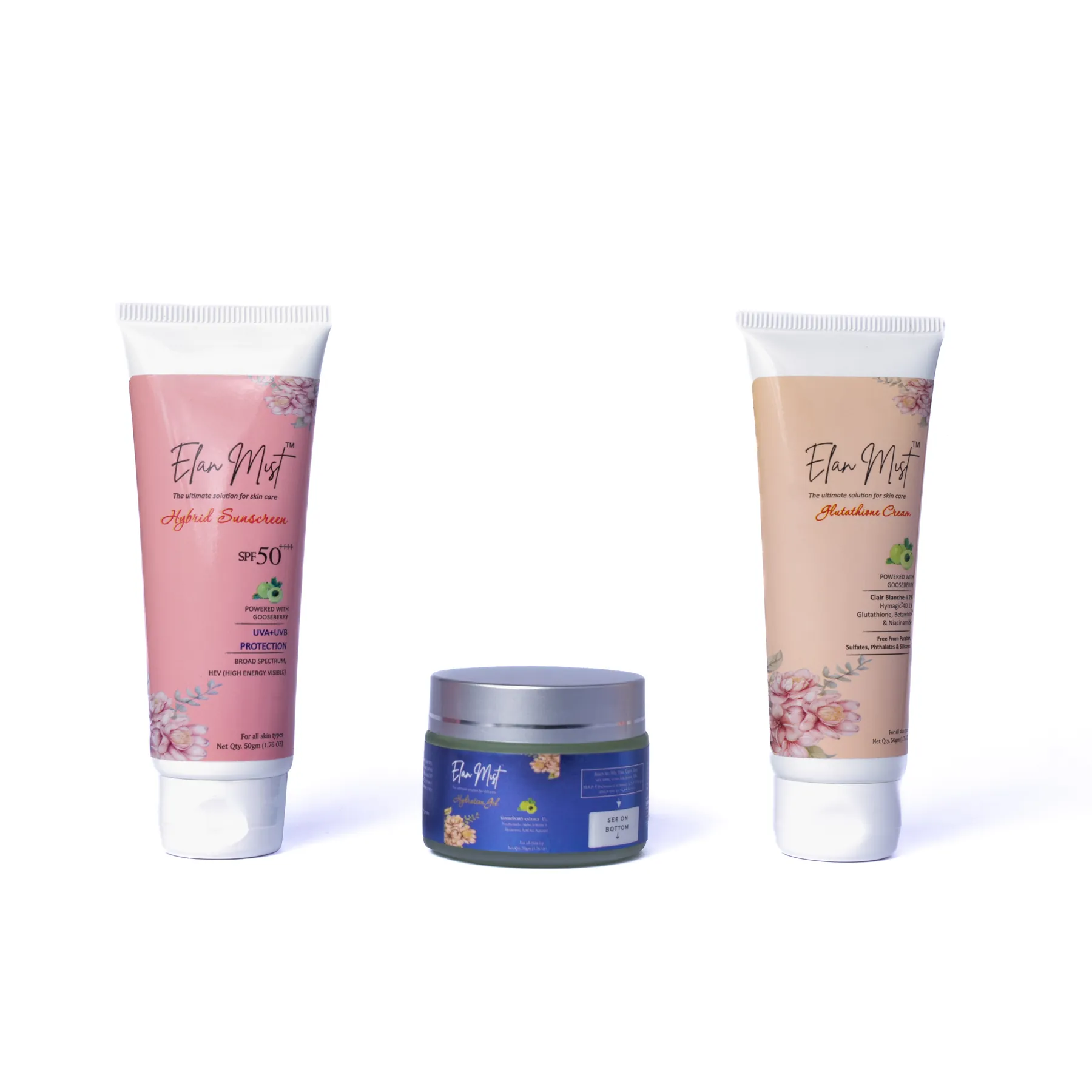 Elanmist range: Hybrid Sunscreen, HydroBoost Gel and Glutathione Cream side by side